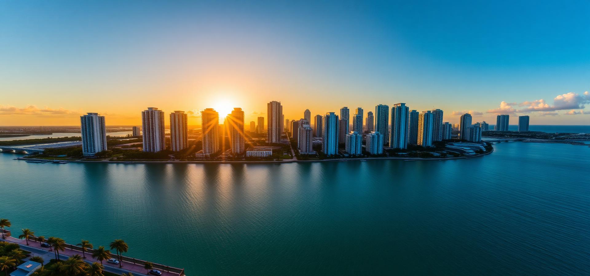 Miami skyline at golden hour over Biscayne Bay