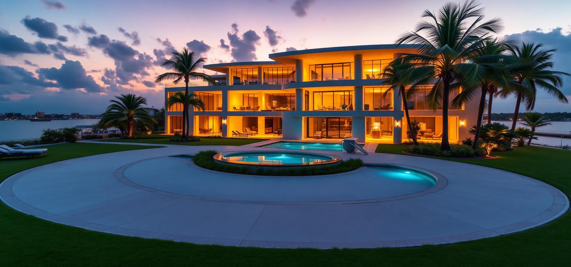 Luxury Miami waterfront estate at twilight